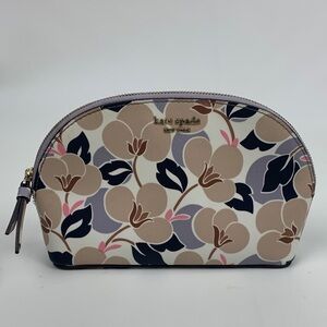 Kate Spade Floral Cosmetic Bag case Cream Brown pink Blue Gold Zipper & logo